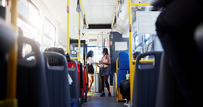 Buy stock photo Bus, women and travel with payment, passengers and morning commute with urban journey. People, public transportation and transactions with app purchase, enter and virtual ticket with trip or friends