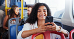 Travel, girl and typing with phone on bus for ride navigation, morning commute or reading social media post. Passenger, happy or smartphone on public transport for journey directions or trip schedule