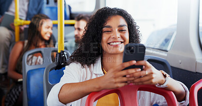 Buy stock photo Travel, girl and typing with phone on bus for ride navigation, morning commute or reading social media post. Passenger, happy or smartphone on public transport for journey directions or trip schedule