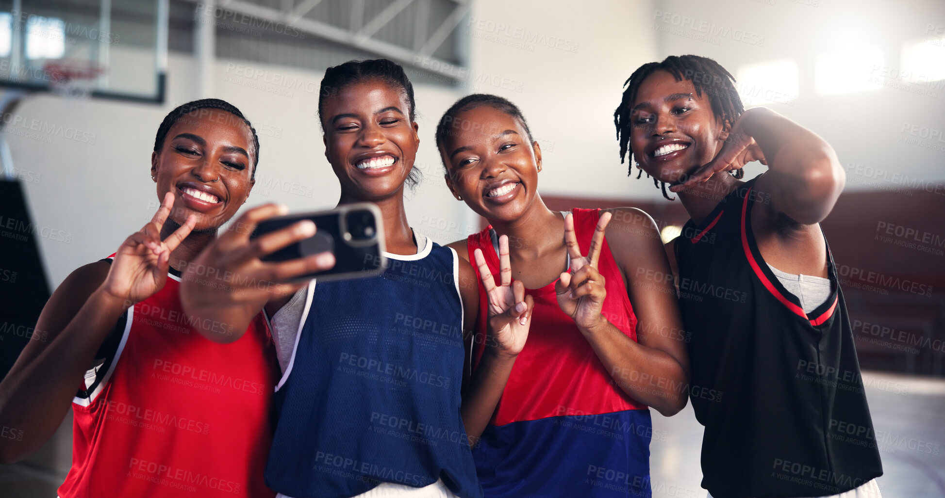 Buy stock photo Happy women, basketball and group with selfie or peace sign for photography, picture or memory together. Team, female people or players with smile or emoji in joy for capture moment or social media