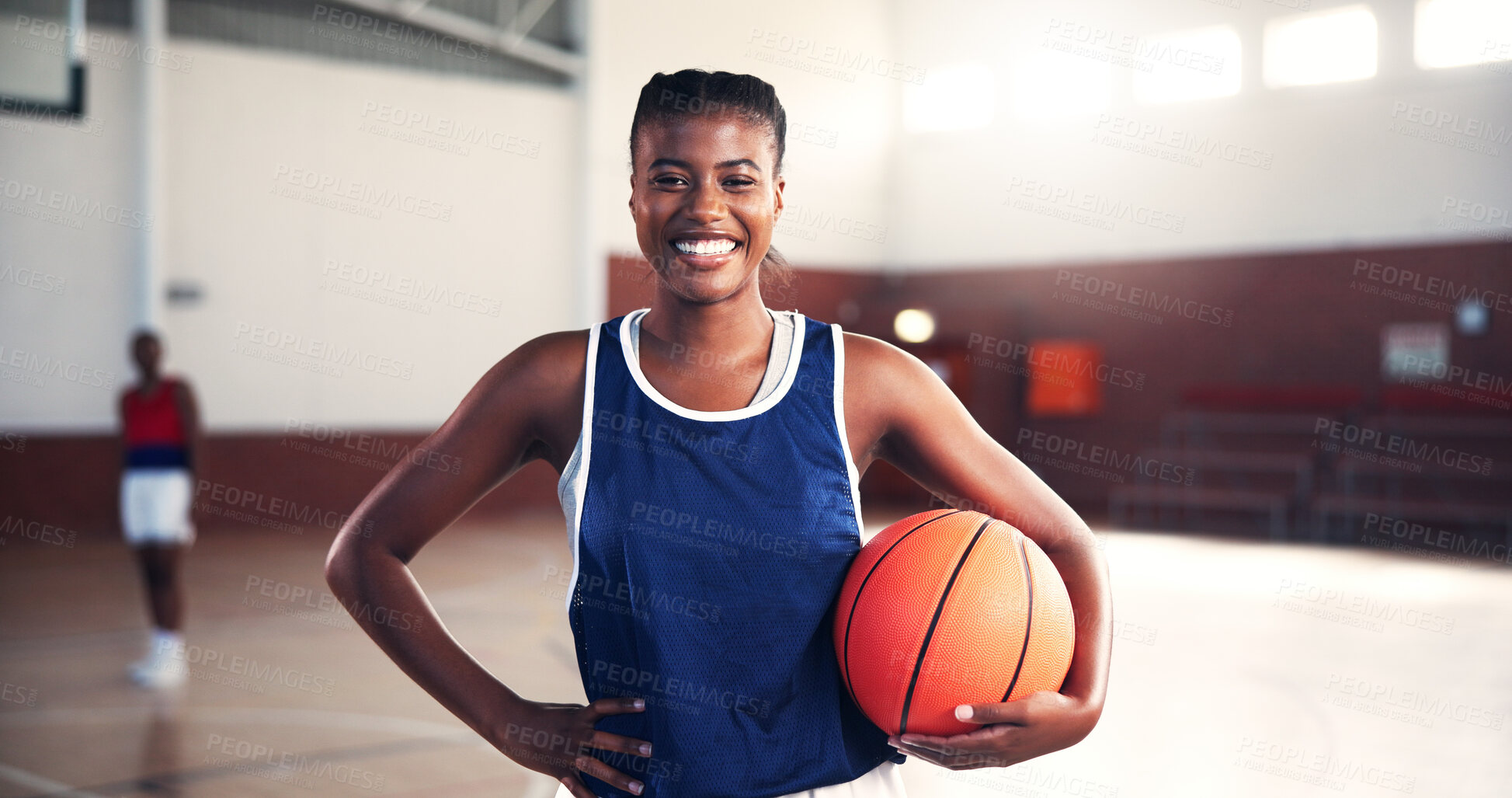 Buy stock photo Basketball player, girl and smile in portrait at gym for fitness, confident and ready with training for competition. Woman, start and happy with pride for contest, workout and exercise at sports club