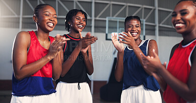 Buy stock photo Happy women, basketball or team with applause for winning, success or good game on indoor court. Group, meeting or female people clapping hands with smile for sports competition, victory or well done