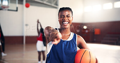 Buy stock photo Pointing, athlete or happy woman with basketball for sports, fitness, or membership with portrait or competition. Excited, join us or African girl with smile for contest, workout and exercise at gym