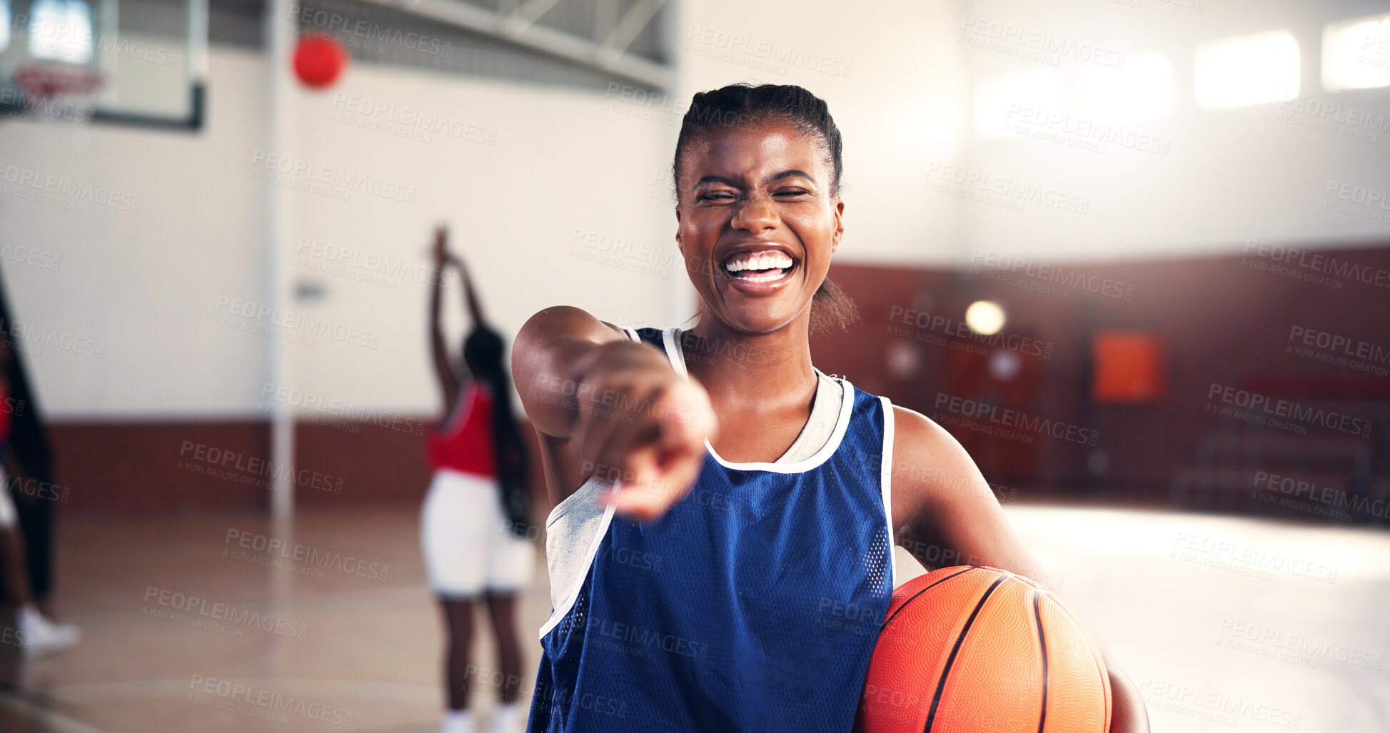 Buy stock photo Pointing, athlete or happy woman with basketball for sports, fitness, or membership with portrait or competition. Excited, join us or African girl with smile for contest, workout and exercise at gym