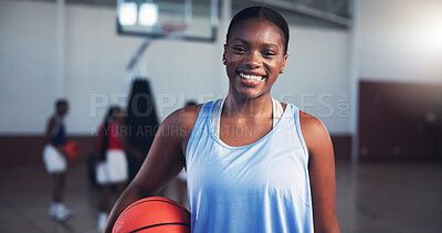 Buy stock photo Portrait, player or happy black woman with basketball for sports, fitness, and confidence at gym. Girl, court or athlete in practice with hobby or smile for contest, workout challenge and exercise