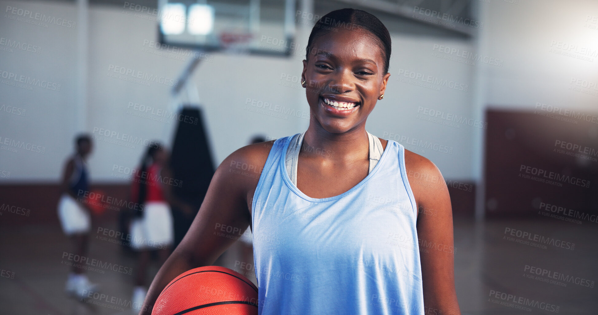 Buy stock photo Portrait, player or happy black woman with basketball for sports, fitness, and confidence at gym. Girl, court or athlete in practice with hobby or smile for contest, workout challenge and exercise