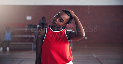 Buy stock photo Basketball, fitness and woman with stretching on court for match preparation, tournament workout and practice. Sport, player and neck warm up for game performance and getting ready for competition