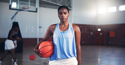 Buy stock photo Portrait, player or serious black woman with basketball for sports, fitness, and confidence at gym. Girl, court or athlete in practice with hobby or pride for contest, workout challenge and exercise