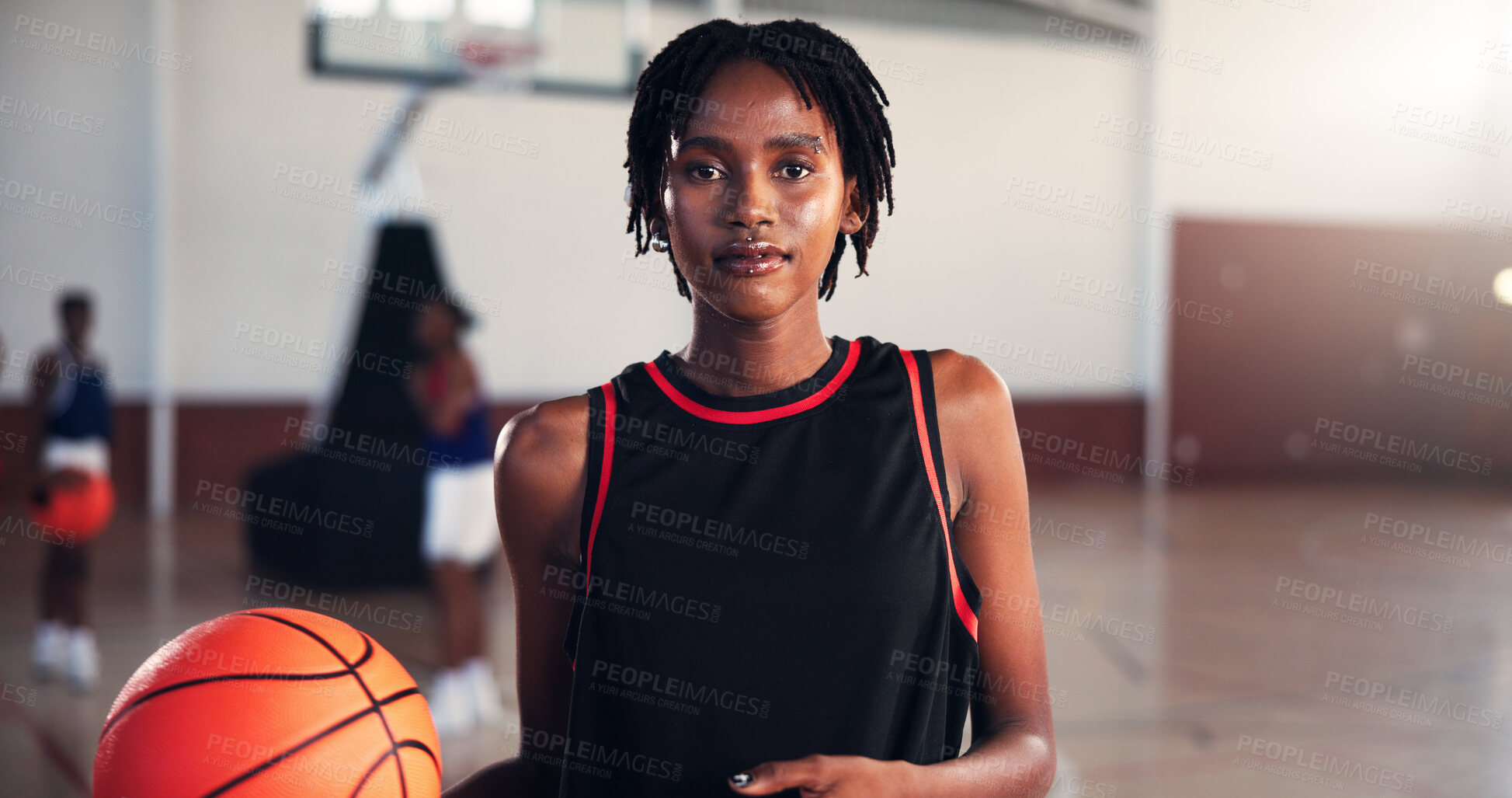 Buy stock photo Portrait, sports and black woman at basketball court for training, challenge or practice. Player, athlete and female person with ball in gym for fitness, competition and determination with confidence