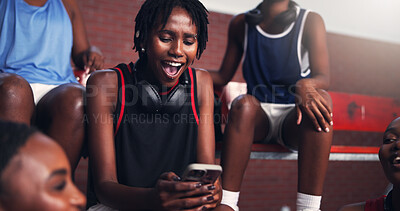 Buy stock photo Phone, surprise and reading with black woman on basketball court for sports results, athlete scouting and shock. Score tracking, training program and contact with person and online game updates