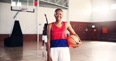 Buy stock photo Basketball player, girl and happy in portrait at gym for fitness, confident and ready with training for competition. Woman, start and smile with pride for contest, workout and exercise at sports club
