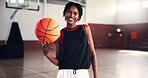Portrait, basketball and happy black woman at court for sports, workout or practice for training. Player, athlete and person with ball in gym for fitness, competition and wellness with confidence