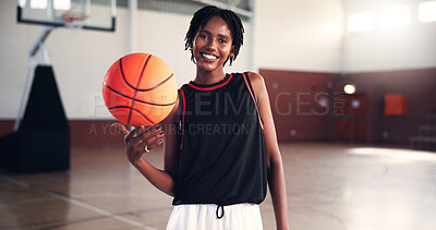 Buy stock photo Portrait, basketball and happy black woman at court for sports, workout or practice for training. Player, athlete and person with ball in gym for fitness, competition and wellness with confidence