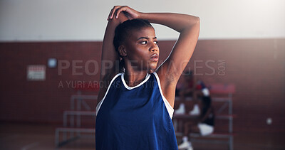 Buy stock photo Black woman, basketball or stretching with arms for game, match or sport competition on court. Female person, African player or athlete getting ready with warm up or preparation for serious challenge