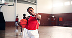Pointing, athlete or happy woman with basketball for game, fitness, and membership with portrait and sports. Court, join us and excited African girl with smile for you, workout or exercise at gym