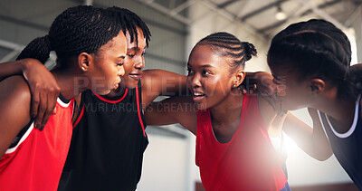 Buy stock photo Women, basketball and meeting with team for game plan, strategy or collaboration on court. Group, female people or huddle with ideas or unity for sports competition, challenge or match together