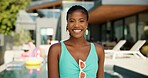Smile, travel and portrait of black woman at pool party for spring break, vacation and hotel. Happiness, relax and holiday trip with person at villa resort for hospitality, festival and luxury