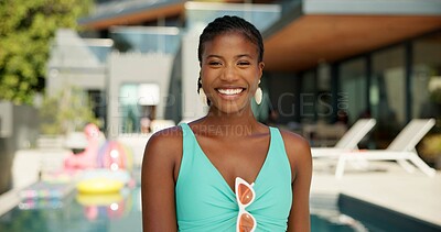 Buy stock photo Smile, travel and portrait of black woman at pool party for spring break, vacation and hotel. Happiness, relax and holiday trip with person at villa resort for hospitality, festival and luxury