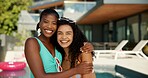 Friends, hug and portrait of women at pool party for spring break, travel vacation and bonding. Happiness, relax and holiday trip with people at villa resort for hospitality, festival and luxury