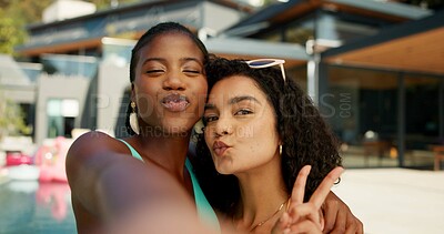 Buy stock photo Pout, hug and selfie with friends at pool party for spring break, travel vacation and memory. Happiness, photography pov and holiday trip with women at villa for social media, peace sign or luxury