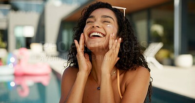 Buy stock photo Sunscreen, swimming pool and woman at hotel in summer with facial moisturizer for protection of uv rays. Happy, dermatology and female person with spf face cream or lotion at holiday home for travel.