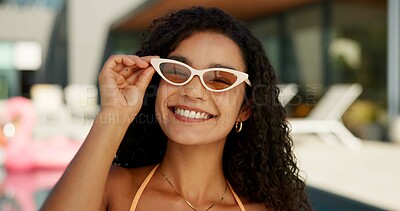 Buy stock photo Smile, sunglasses and portrait of woman at pool for spring break, vacation or hotel. Happiness, relax and holiday trip with person at villa for hospitality, festival and luxury accommodation