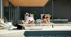Resort, relax and couple with vacation, swimming pool and sunbathing with honeymoon. Outdoor, people and man with woman, summer holiday and calm with dog, luxury and comfortable with weekend break