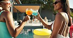 Friends, drinks and holiday toast in swimming pool with happy women, outdoor for celebration or party. Travel, accommodation and smile with cocktails for fun, bonding and summer cheers in California