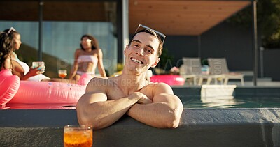 Buy stock photo Happy, portrait and man in pool at party at vacation house for break with friends for travel. Smile, relax and male person swim in water at luxury home on holiday at lodge, resort or hotel in summer.