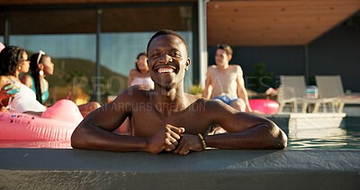 Buy stock photo Happy, portrait and black man in pool at party at vacation house for break with friends for travel. Smile, relax and African person swim in water on holiday at lodge, resort or hotel in summer.