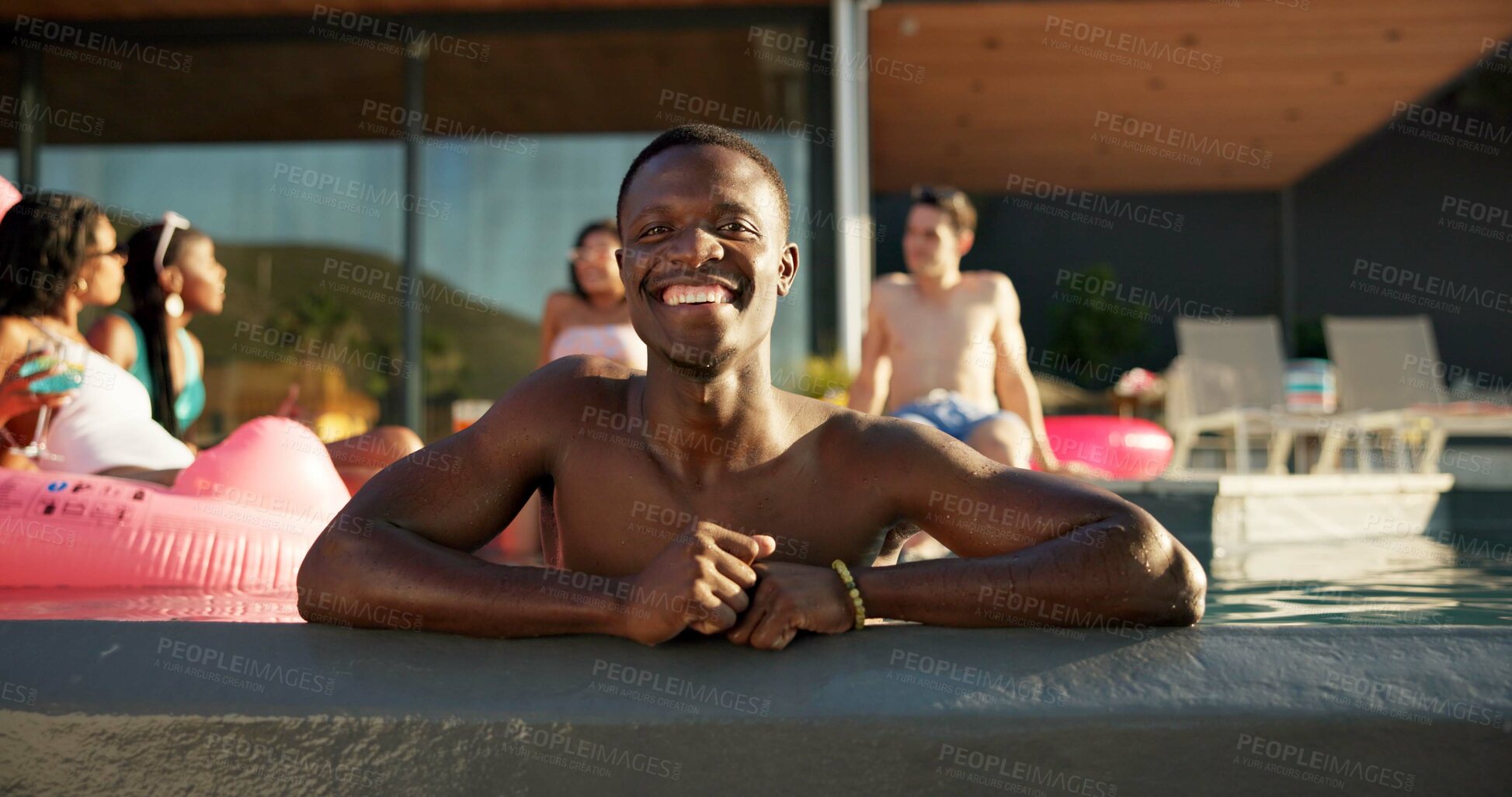 Buy stock photo Happy, portrait and black man in pool at party at vacation house for break with friends for travel. Smile, relax and African person swim in water on holiday at lodge, resort or hotel in summer.