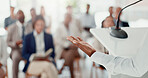Presentation, hands of speaker and business people in office listening for conference, training and meeting. Corporate, discussion and workers in workshop, convention and seminar for tradeshow