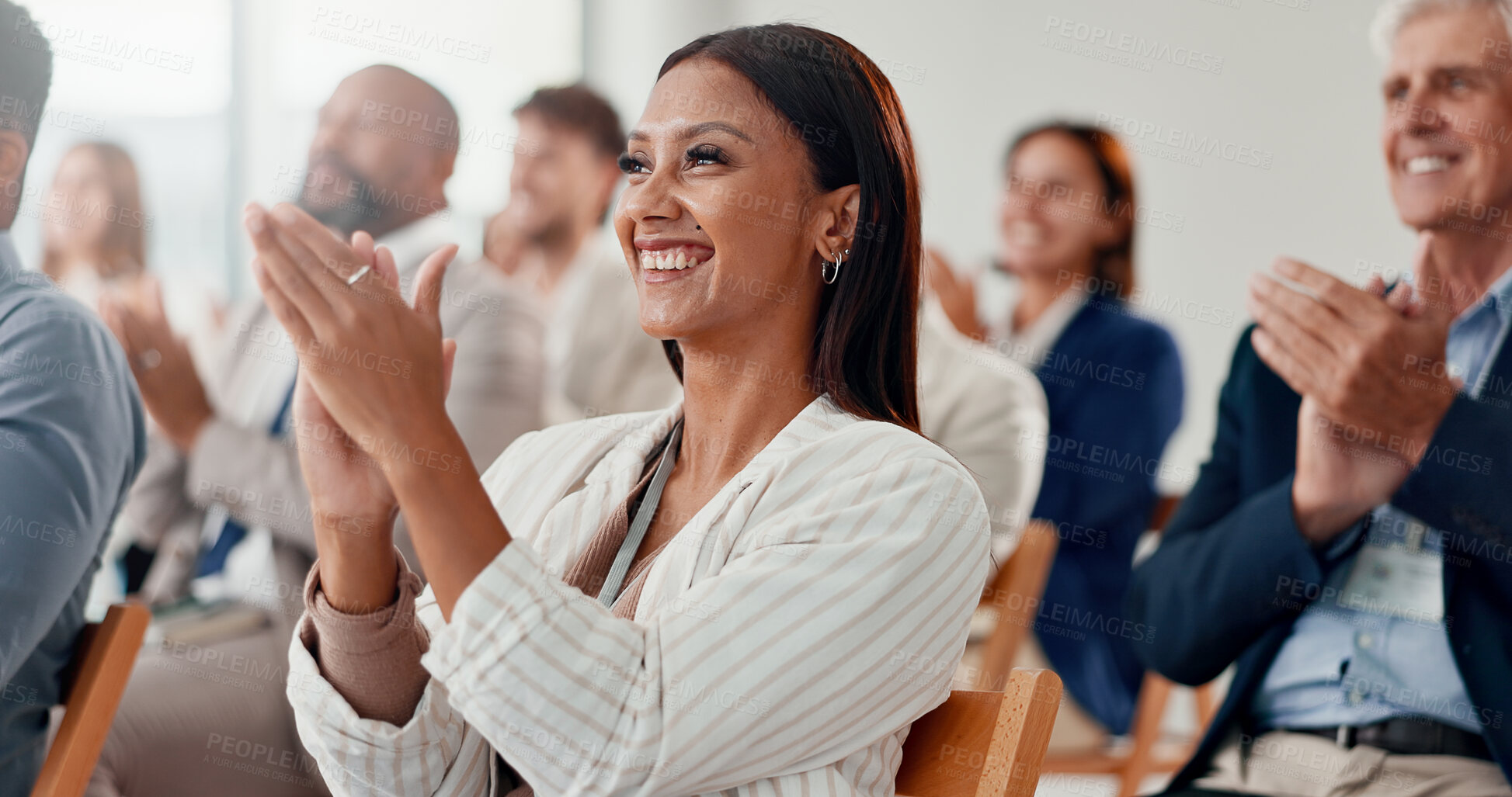 Buy stock photo Conference, applause and business people with achievement, woman and feedback with support. Audience, crowd and group in workplace, clapping and success with thank you, smile or seminar with cheering