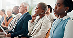 Listening, conference and business woman in audience for seminar schedule, economic forum and meeting. Finance seminar, market research report and tradeshow event with people at convention expo