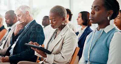 Buy stock photo Tablet, conference and business woman in audience for seminar schedule, economic forum and meeting. Finance workshop, market research report and tradeshow event with people at convention expo