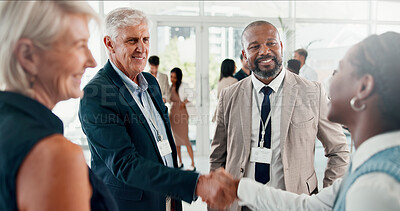 Buy stock photo Conference, handshake and welcome with business people at event for global forum, investor summit and networking. Shaking hands, b2b convention and expo with employees for brand exposure seminar