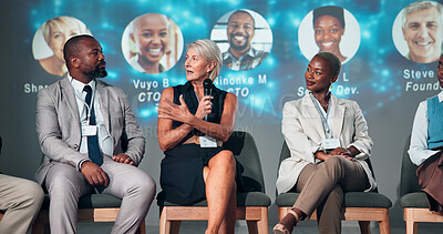 Buy stock photo Business people, speaker and panel for audience, presentation and seminar for start up conference or convention. Woman, microphone and question for international trade show, event or workshop
