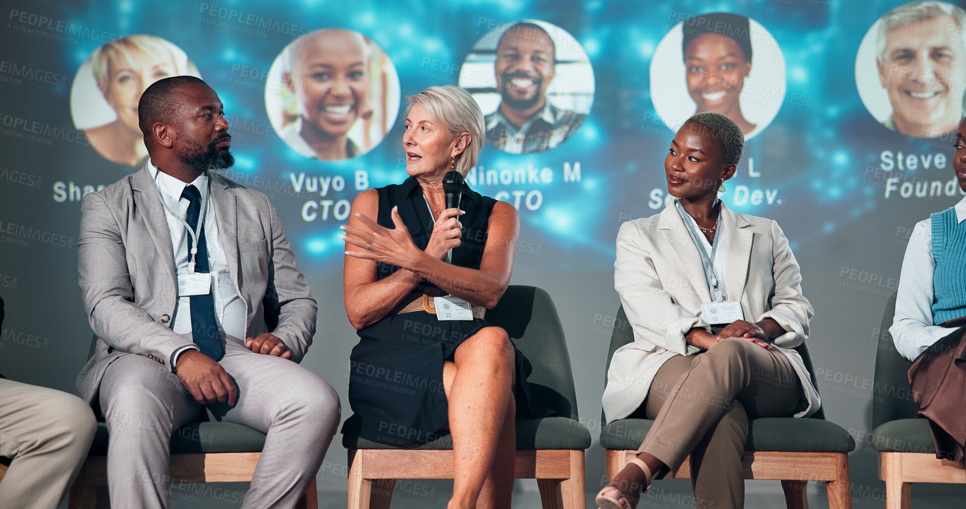 Buy stock photo Business people, speaker and panel for audience, presentation and seminar for start up conference or convention. Woman, microphone and question for international trade show, event or workshop