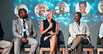 Business people, speaker and microphone for seminar, presentation and audience for start up conference or convention. Woman, panel and question for international trade show, event or workshop