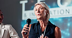 Business woman, panel and microphone for presentation, seminar and speaker for conference or convention. Person, mentor and question for affirmative action trade show, event or innovation workshop