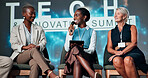 Happy women, speech and talkshow with tablet at seminar for presentation or innovation at workshop. Female people, employees or spokesperson with mic for tech campaign, speech or future development