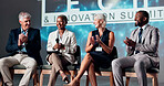 Happy people, speaker and seminar with applause for presentation or innovation at workshop. Group, employees or spokesperson clapping with smile or meeting for speech, tech campaign or development