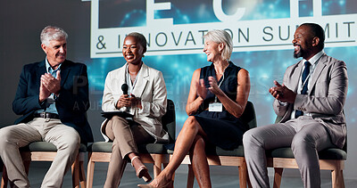 Buy stock photo Happy people, speaker and seminar with applause for presentation or innovation at workshop. Group, employees or spokesperson clapping with smile or meeting for speech, tech campaign or development