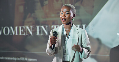 Buy stock photo Business, speech and black woman at conference with mic for motivation at technology seminar. Keynote speaker, convention and presentation at event for advice, empowerment or equality with programmer