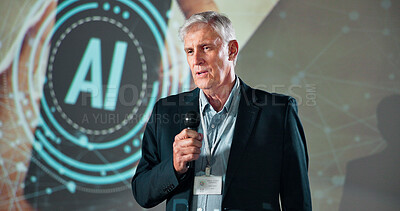 Buy stock photo Businessman, speaker and meeting with mic for AI presentation, development or innovation at seminar. Mature, employee or spokesperson with speech for future improvement, tech campaign or app workshop