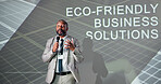 Business, black man or conference for ecology, presentation or microphone with presenter. Public speaking, expert or climate change seminar for solution, idea pitch or education forum with convention