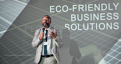 Buy stock photo Business, black man or conference for presentation, speech or microphone with presenter. Public speaking, expert or climate change seminar for solution, idea pitch or education forum with convention