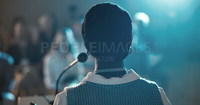 Buy stock photo Business woman, speaker and podium for audience, presentation and seminar for start up conference or convention. Female person, back and microphone for international trade show, event or training