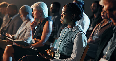 Buy stock photo Business people, audience or woman with tablet at conference for career development, listening or diversity. Finance expo, group or digital notes at international event for skills workshop or seminar