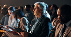 Business people, audience and man with tablet at convention for corporate training, listening and diversity. Finance expo, group and speech at international event for career development and tradeshow